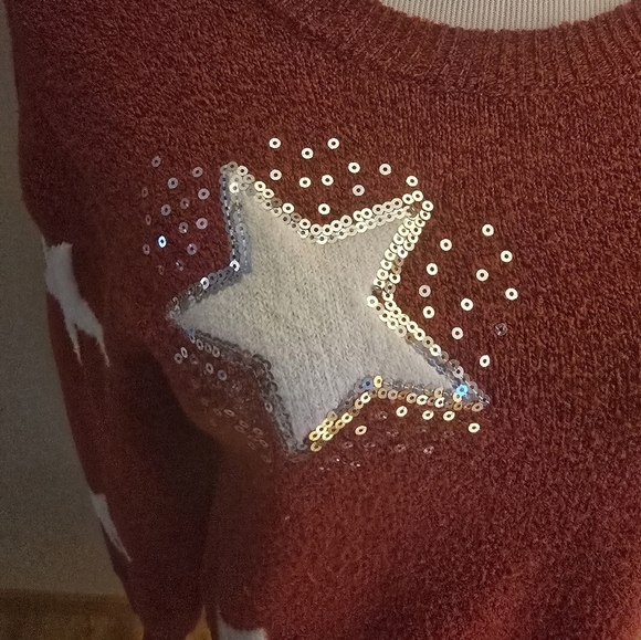 HOLIDAY TIME Long Sleeve Round Neck Sweater White Stars Womens with Sequins XL - Picture 4 of 8